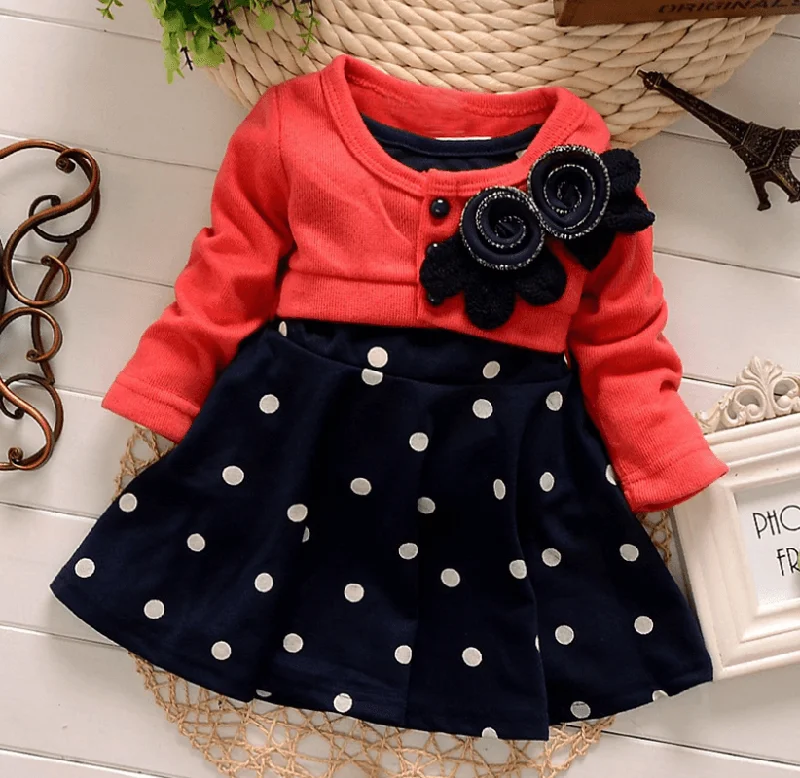 Autumn New Children'S Long-Sleeved Cartoon Wave Point Children'S Skirt Girls Cute Print Children'S Clothing Korean Casual Children'S Clothing