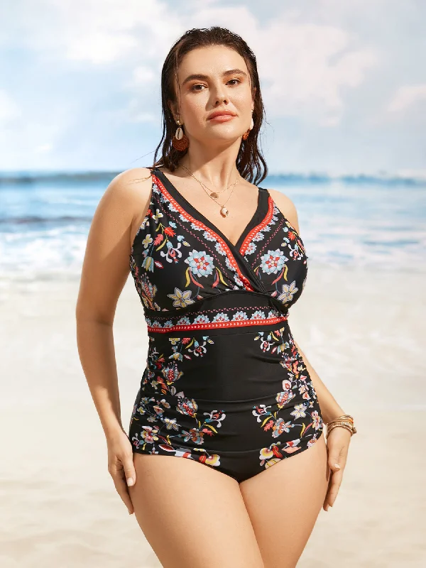 Boho Print Overlap Collar Gathered One Piece Swimsuit