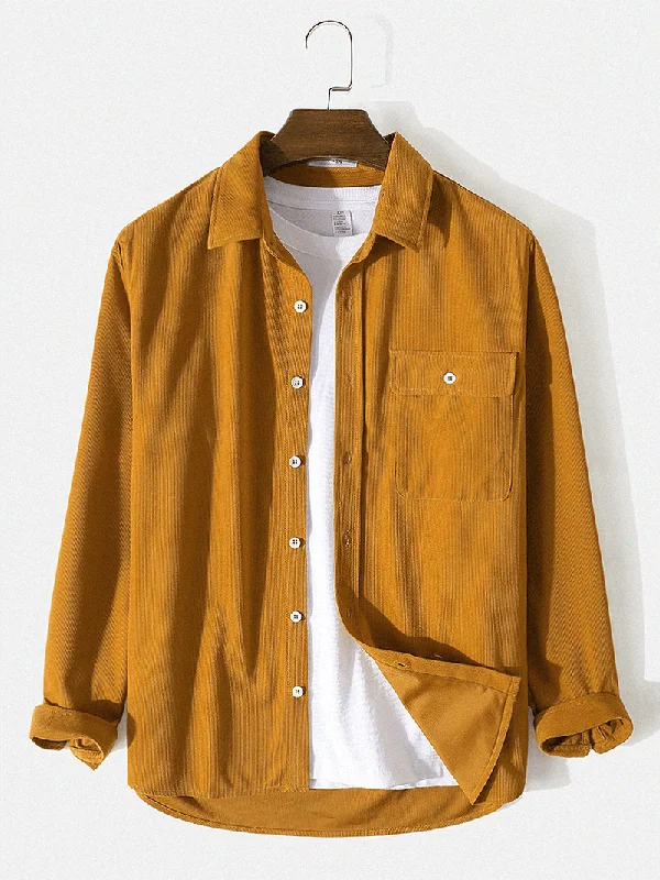 Mens Yellow Button down Long-Sleeve Corduroy Shirt