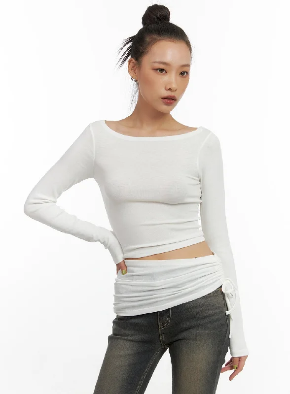 Unbalanced Shirring Long-Sleeve Top CO424