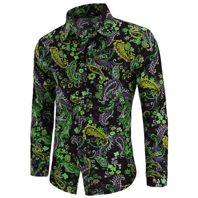 Foreign Trade Men's Fashion Long-Sleeved Shirt - Nightclub Floral Print, Slim Fit, British Style