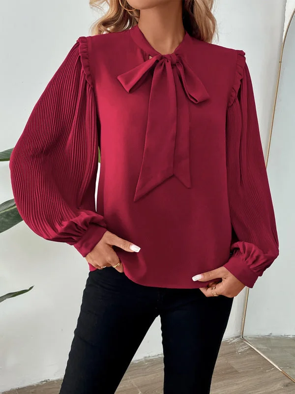 Wine Red Long-Sleeve Blouse with Bow-Tie Detail