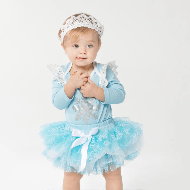 Light Blue Long-Sleeved Winged Romper Skirt Suit