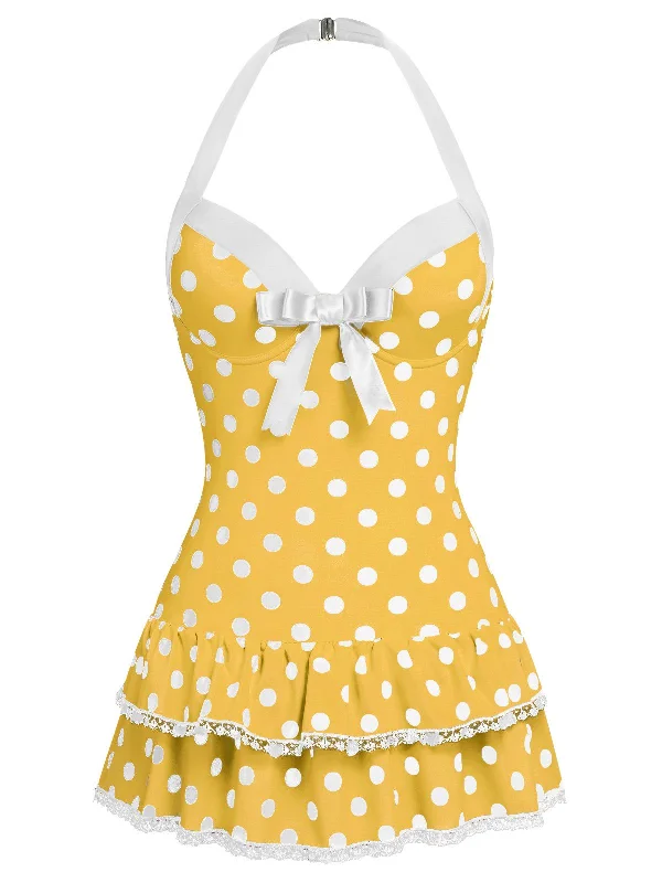 Yellow 1940s Halter Polka Dots Bow Swimsuit