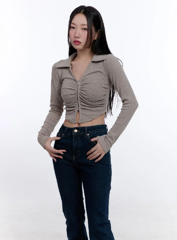 Shirred Zip-Up Long-Sleeve Collared Top CJ509