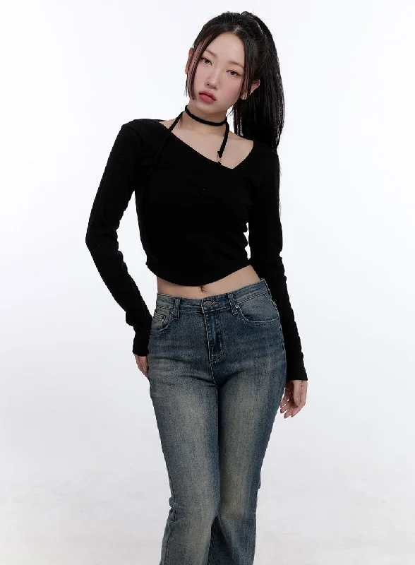 Strappy Long-Sleeve Halter Crop Top CJ513