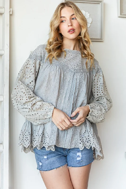 Dusty Blue Washed Eyelet Blouse