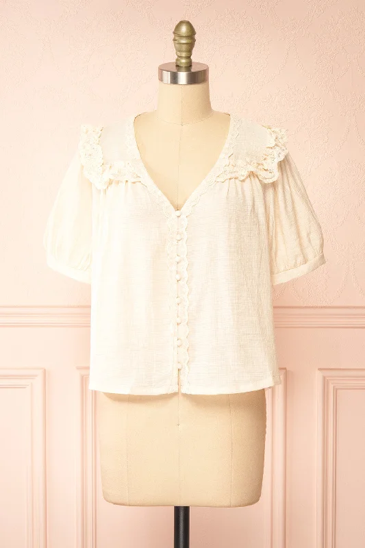 Oceana | Ivory Blouse w/ Lace Trim