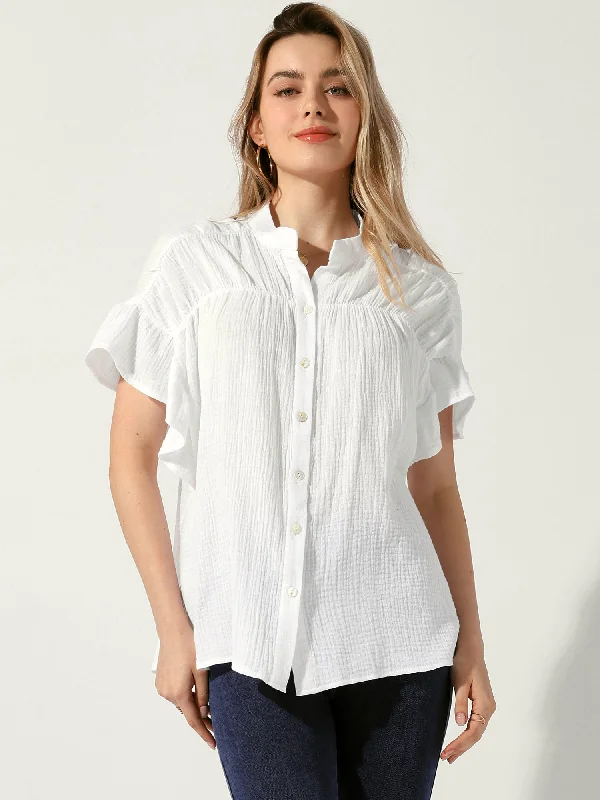 Button Up Textured Ruffle Sleeve Casual Blouse