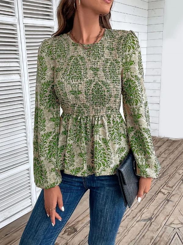 Boho Floral Smocked Long Puff Sleeve Peplum Blouse