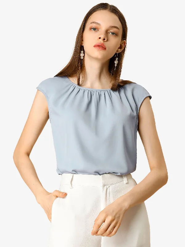 Work Business Top Pleated Round Neck Chiffon Cap Sleeve Casual Blouse