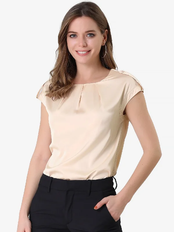 Satin Cap Sleeve Top Pleated Casual Work Office Blouse