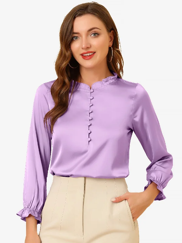 Ruffle Neck Bubble Sleeve Elastic Cuff Button Satin Blouse