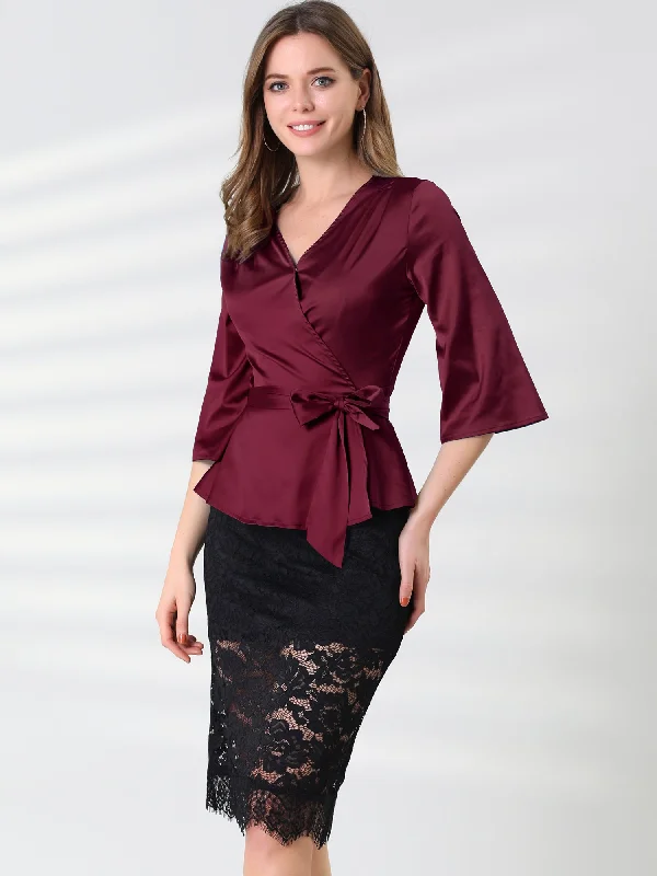 Bow Tie Waist Satin 3/4 Sleeve Solid Color Wrap Peplum Blouse