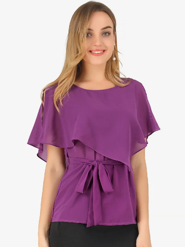 Flowy Ruffled Overlay Layered Tie Waist Chiffon Poncho Blouse Top