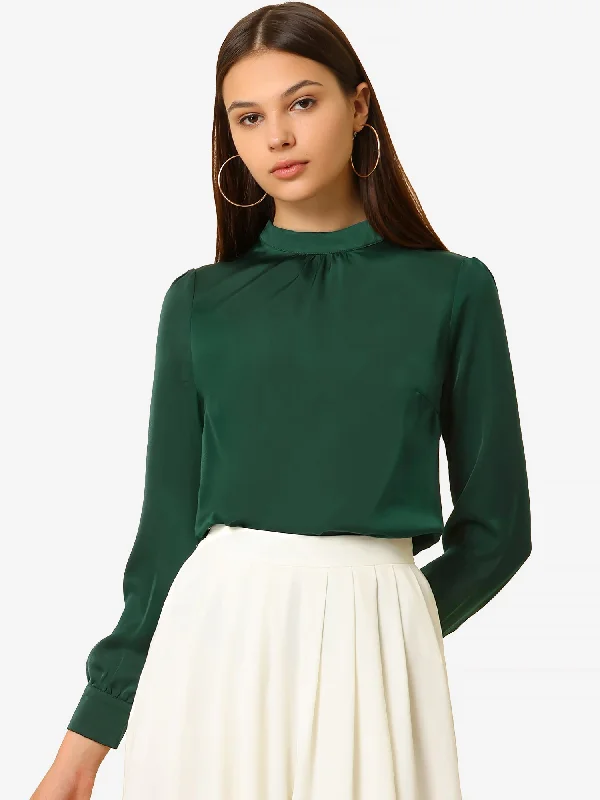 Satin Blouse Puff Sleeve Stand Collar Work Top