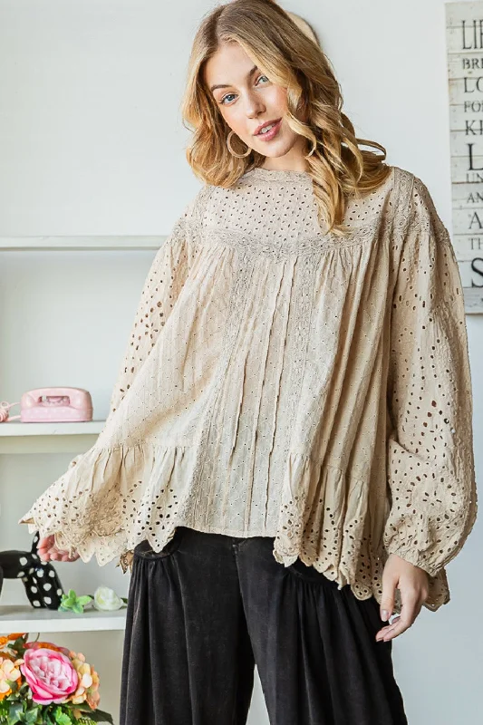 Taupe Washed Eyelet Blouse