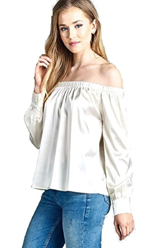 Fashion Secrets Women`s Off Shoulder Button Cuffed Satin Metallic Top Blouse