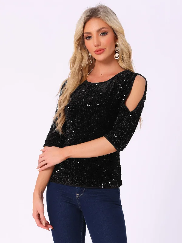 Sparkle Sequin Velvet 3/4 Sleeve Cut-Out Blouse