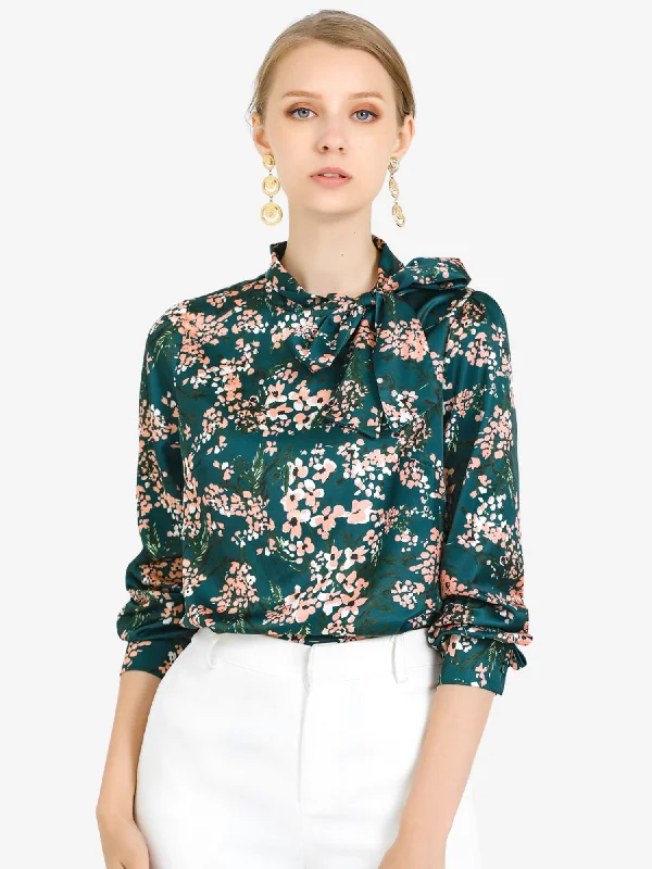 Bow Tie Neck Puff Sleeve Floral Elegant Work Top Blouse