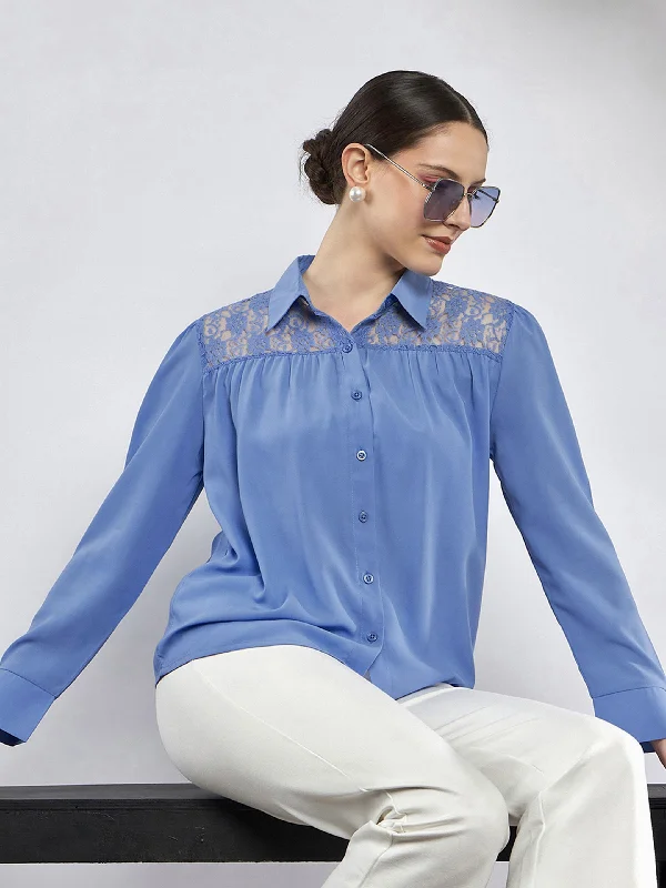 Women Dull Blue Lace Detail Blouse