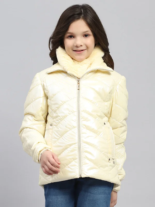 Girls Cream Solid Collar Full Sleeve Reversible Jacket