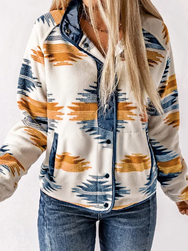 Aztec Patterned Snap Button Fleece Jacket