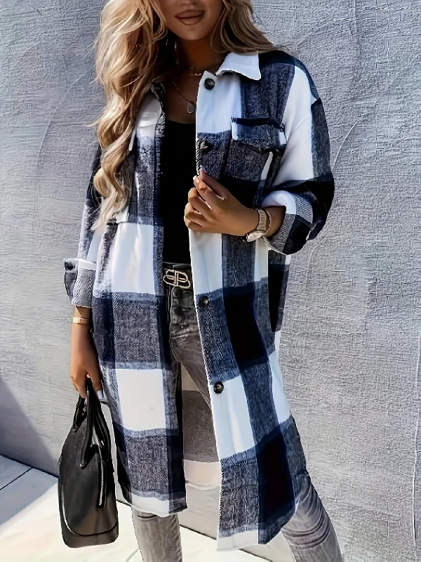 Plaid Button-Front Long Length Lapel Casual Jacket