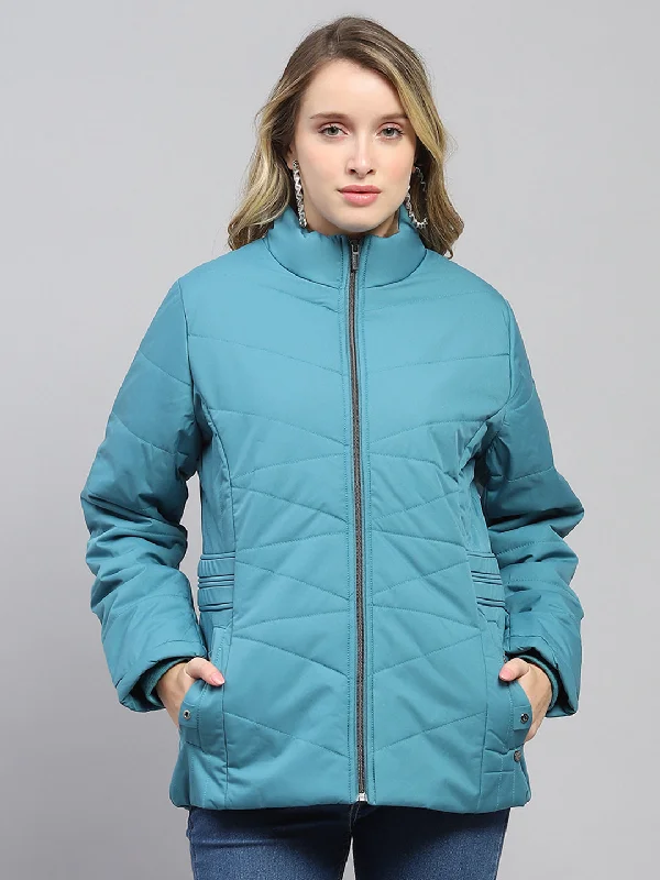 Women Teal Blue Solid Mock Neck Full Sleeve Jacket