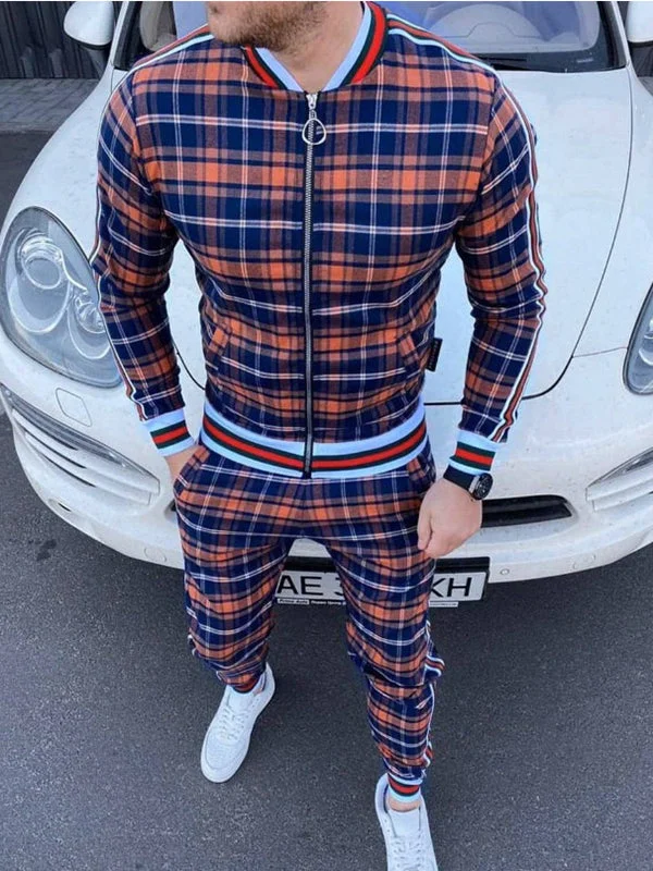 Mens Fashion Plaid Jacket Sports Pants Casual Suit