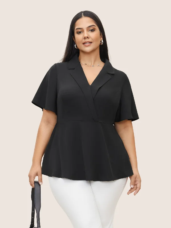 Plain Suit Collar Ruffle Sleeve Blouse