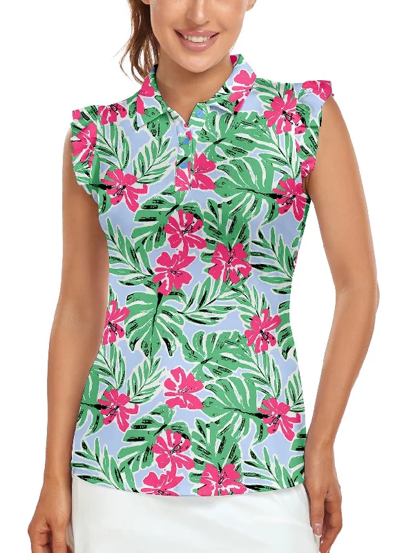 Tropical Flower Short Flutter Sleeve Golf Top | Suitable for Summer Vacation