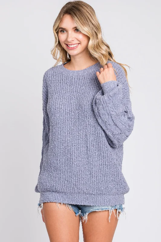 Blue Knit Puff Sleeve Sweater