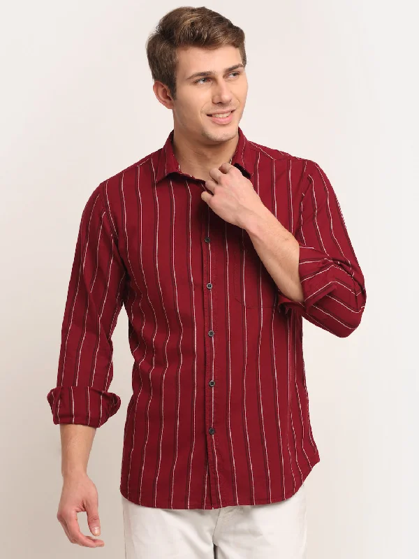 Men Cotton Striped Maroon Full Sleeve Casual Shirt for Men with Pocket