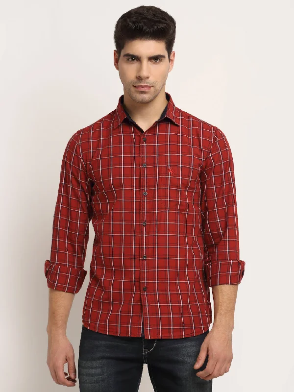 Men Cotton Checkered Maroon Full Sleeve Casual Shirt for Men with Pocket