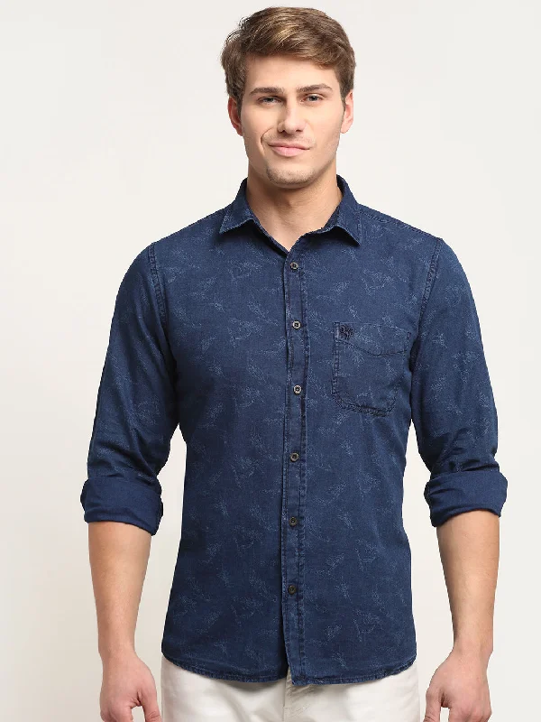 Men Cotton Printed Navy Blue Full Sleeve Casual Shirt for Men with Pocket