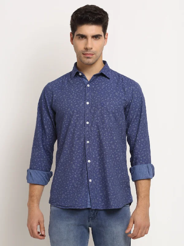 Men Cotton Printed Royal Blue Full Sleeve Casual Shirt for Men with Pocket