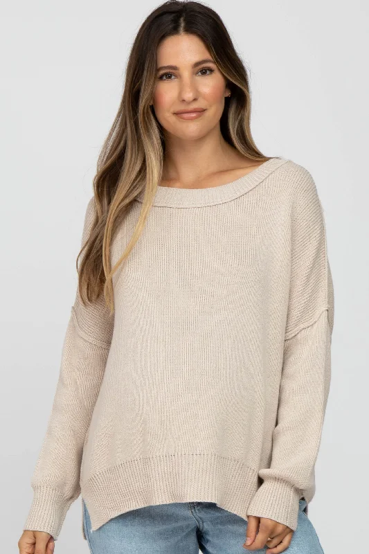 Beige Exposed Seam Side Slit Maternity Sweater