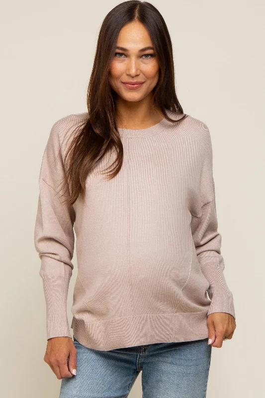 Beige Rib Knit Exposed Seam Maternity Sweater