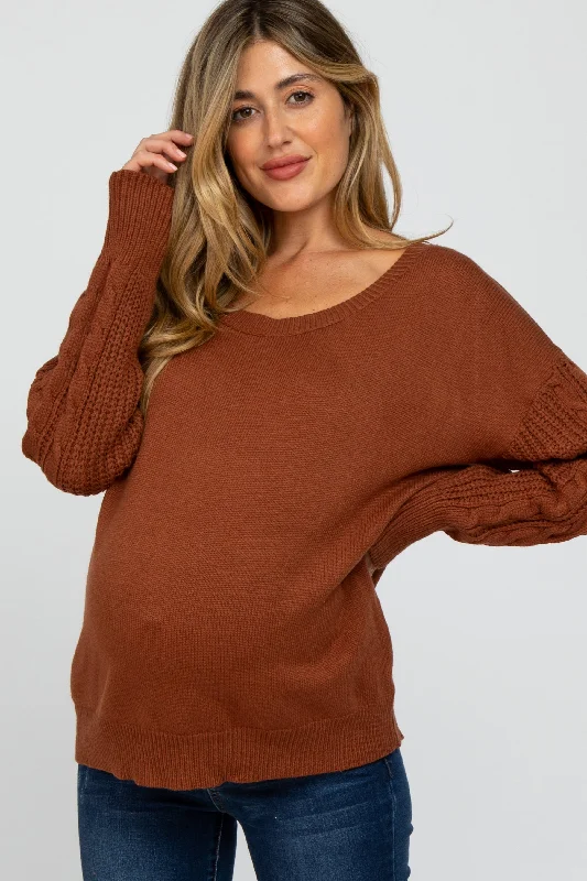 Camel Knit Braided Sleeve Maternity Sweater