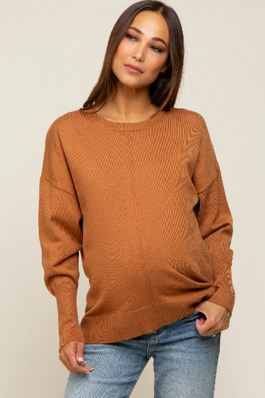 Camel Rib Knit Exposed Seam Maternity Sweater