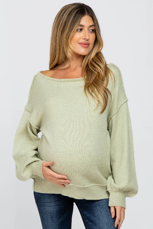 Light Olive Boat Neck Bubble Sleeve Maternity Sweater