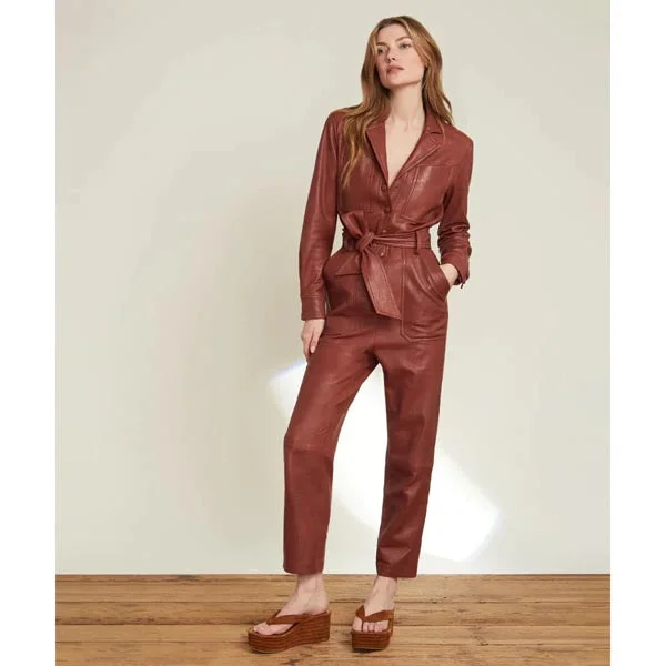 Women's Brown One Piece Belted Leather Jumpsuit