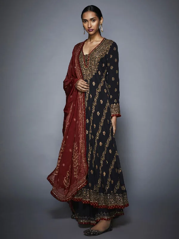 RI Ritu Kumar Black & Burgundy Embroidered Anarkali Suit