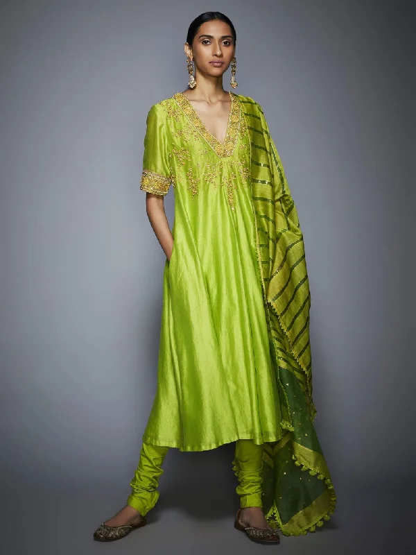 RI Ritu Kumar Lime Green Floral Embroidered Anarkali Suit