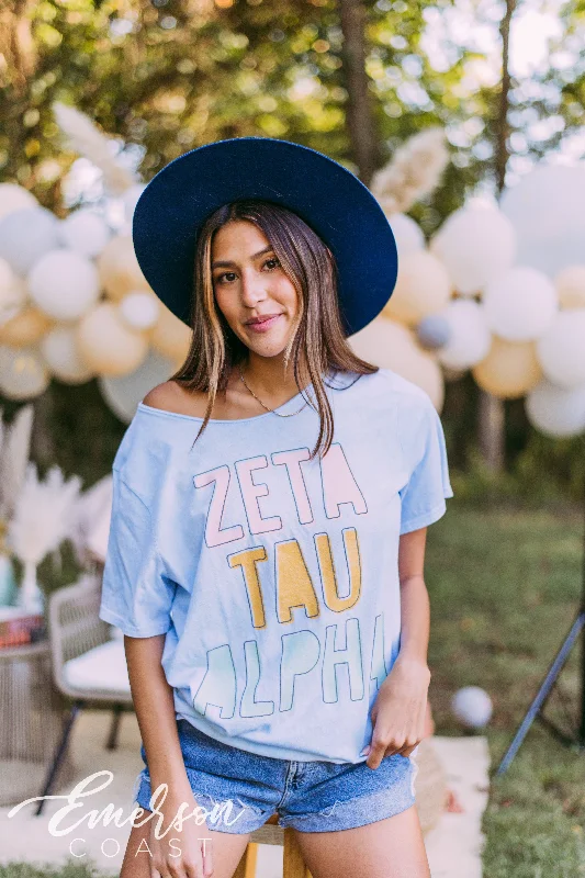 Zeta Tau Alpha Blue Mineral Wash Raw Neck Tee