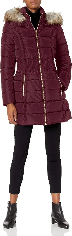 LAUNDRY BY SHELLI SEGAL Women's 3/4 Puffer With Zig Zag Cinched Waist and Faux Fur Trim Hood Jacket, Port Royal Coat