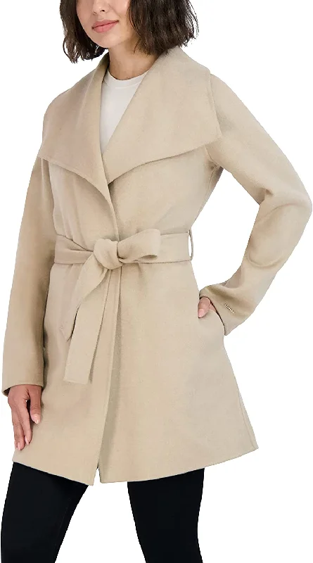 Tahari Women's Wool Wrap Coat with Tie Belt, Light Beige