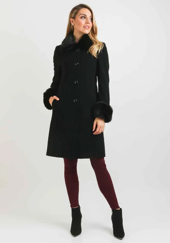 Christina Felix Faux Fur Trim Wool Rich Coat, Black