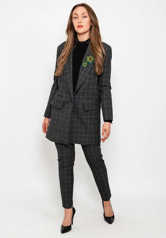 Exquise Checked Applique Coat, Dark Grey